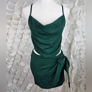 Satin-Look Green Crop‎ Top & Wrap Mini Skirt Set | Sizes S, M, L